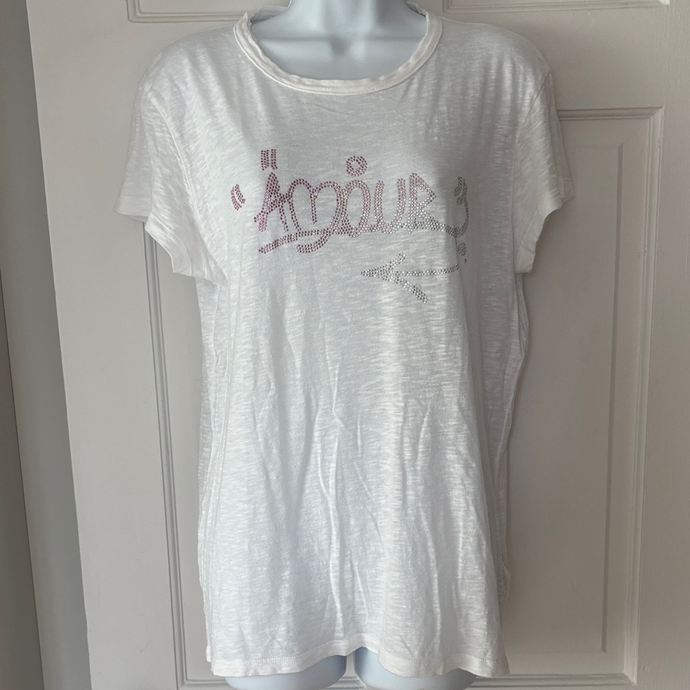 Zadig & Voltaire White Short Sleeve Tee with Pink Rhinestone 'Amour' M